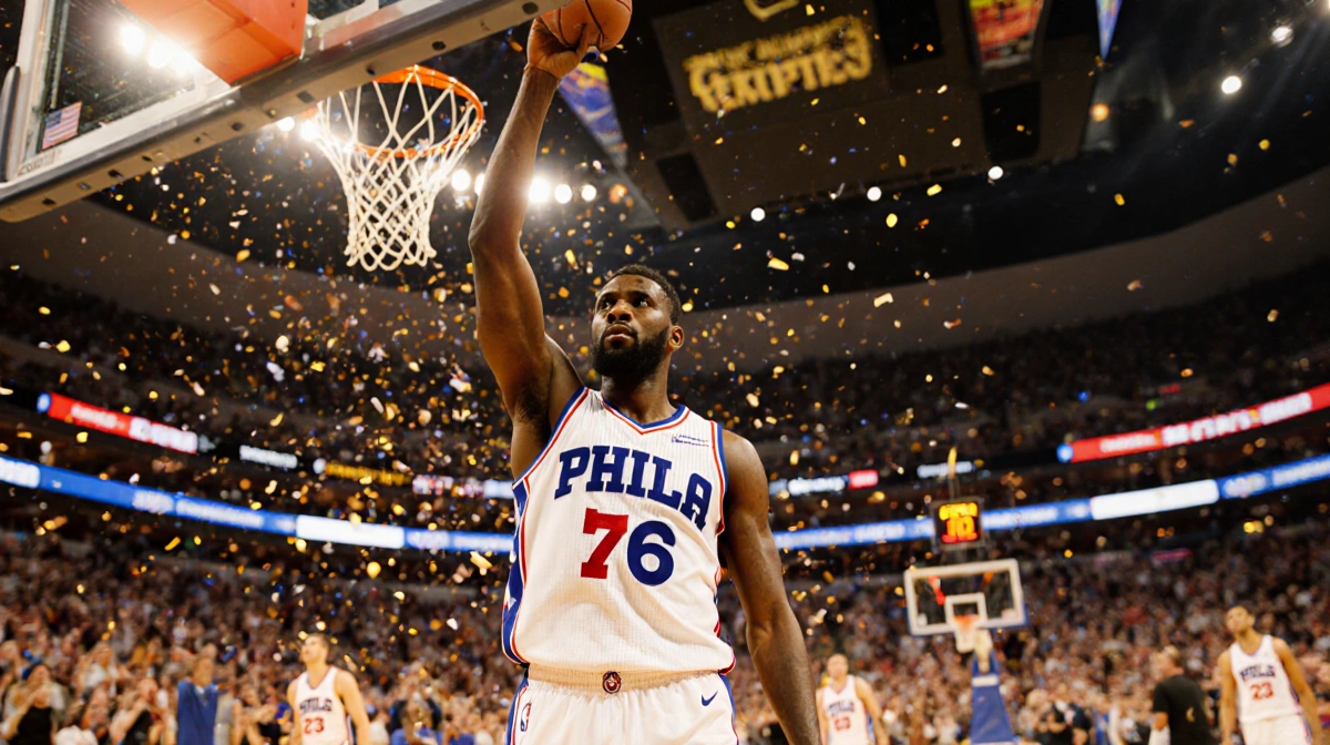 Tyrese Maxey celebrates with raised arm and confetti showering down while wearing his Philadelphia 76ers jersey with cheering