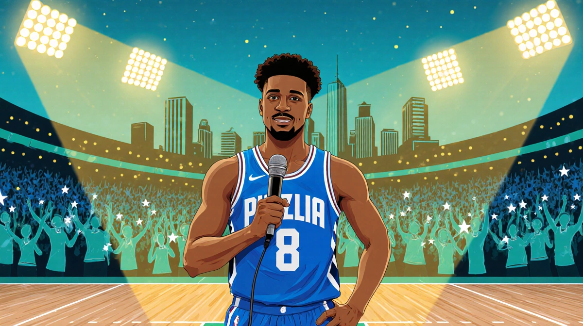 Tyrese Maxey holding microphone on court with cheering fans and Philadelphia skyline behind him