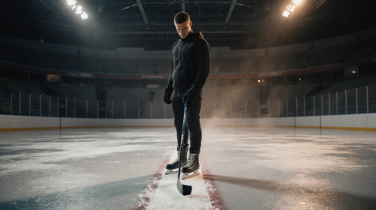 Maxim Naumov stands at rink edge looking down with golden arena lights showing focus in his eyes