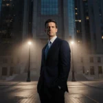 Mayor Jacob Frey stands under Minneapolis City Hall entrance with concerned expression and dusk lighting casting shadows