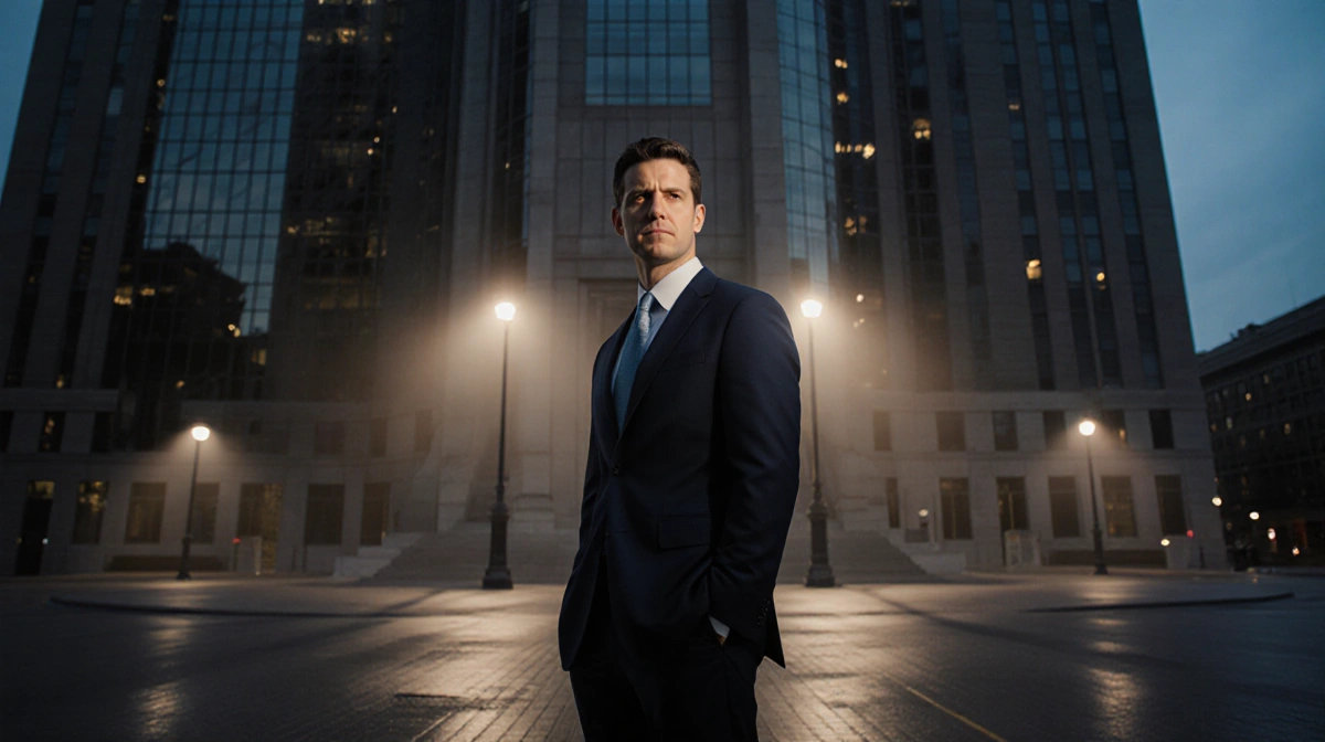 Mayor Jacob Frey stands under Minneapolis City Hall entrance with concerned expression and dusk lighting casting shadows