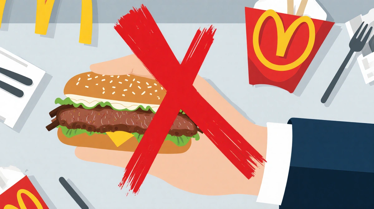 McDonald's employee holding up a McRib sandwich with a prominent red X over it against a blurred fast-food background.