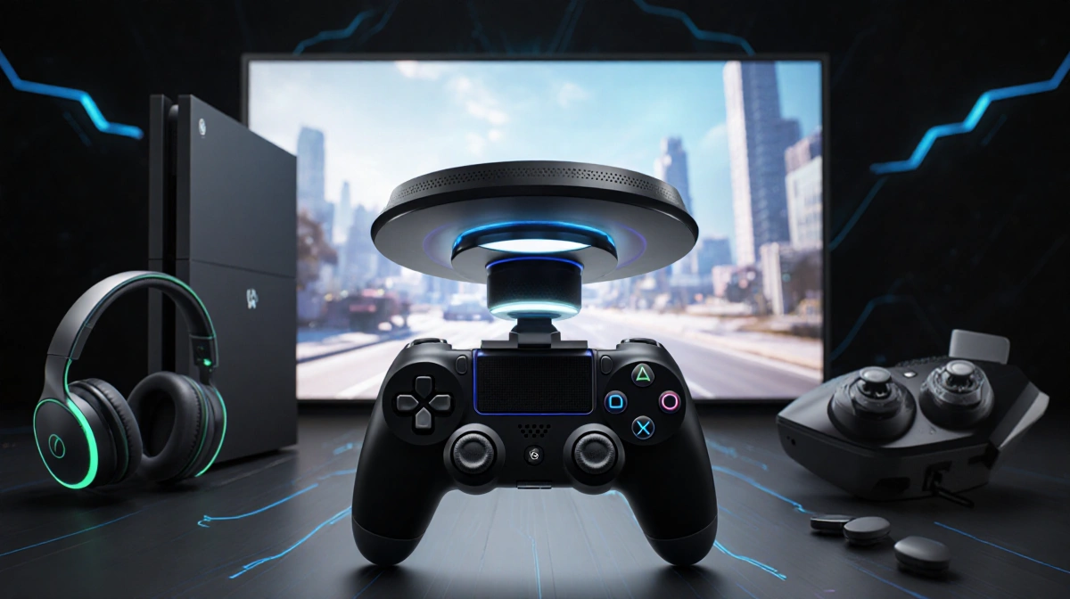 MCON controller expanding MagSafe disc into joysticks and buttons with headset and gaming console beside large screen