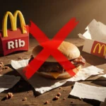 McRib sandwich marked with a red X and scattered packaging on a worn wooden table under warm golden light