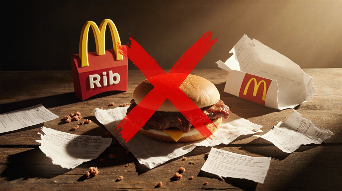 McRib sandwich marked with a red X and scattered packaging on a worn wooden table under warm golden light