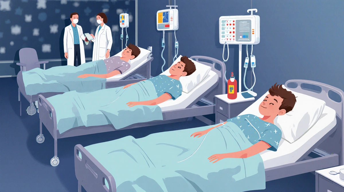 Children lie in hospital beds with IV lines and monitors showing measles complications