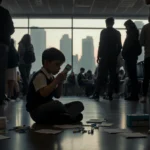Child sits on floor clutching thermometer with scattered measles vaccination papers and a blurred cityscape window behind