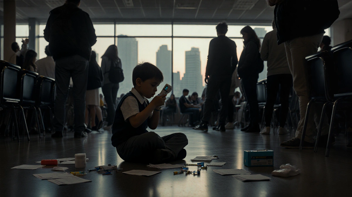 Child sits on floor clutching thermometer with scattered measles vaccination papers and a blurred cityscape window behind
