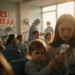 Young mother holding thermometer with child beside her and Measles Outbreak sign on wall