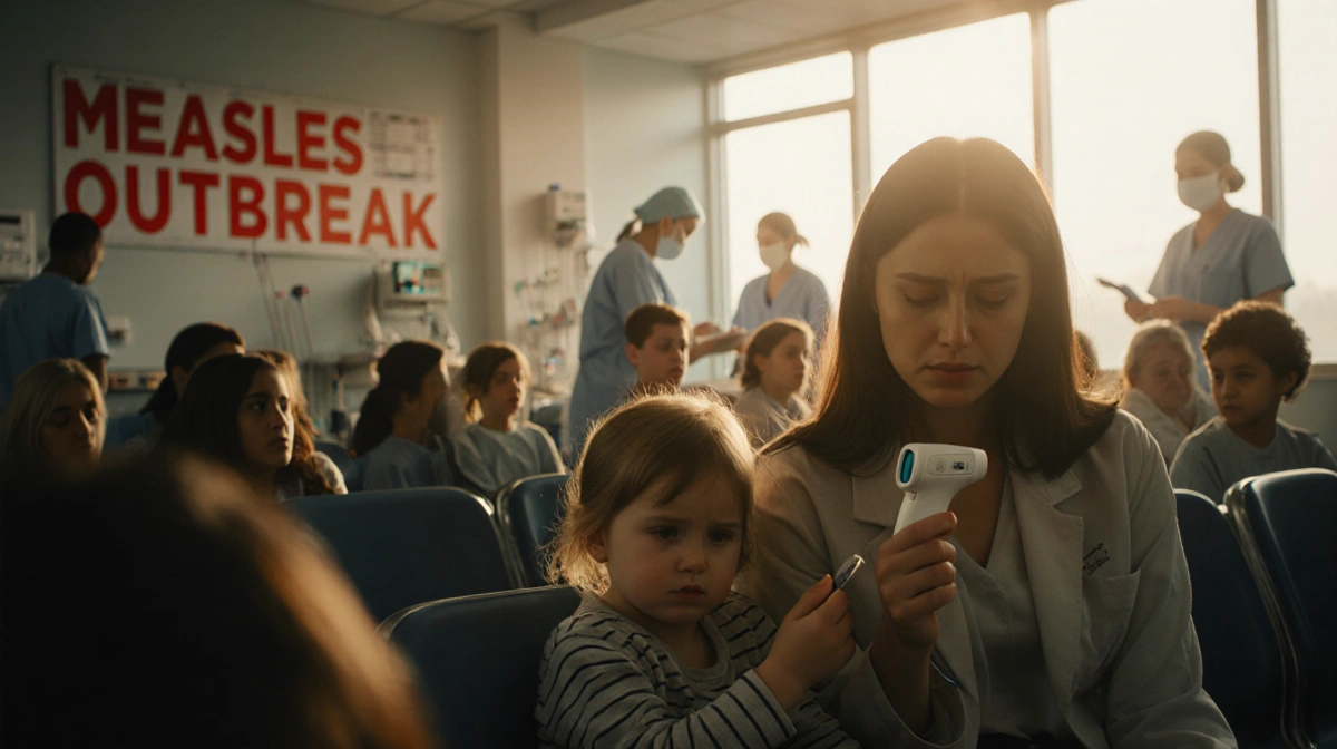 Young mother holding thermometer with child beside her and Measles Outbreak sign on wall