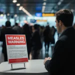 Worried traveler stands at airport information desk with red measles warning sign and blurred crowd behind