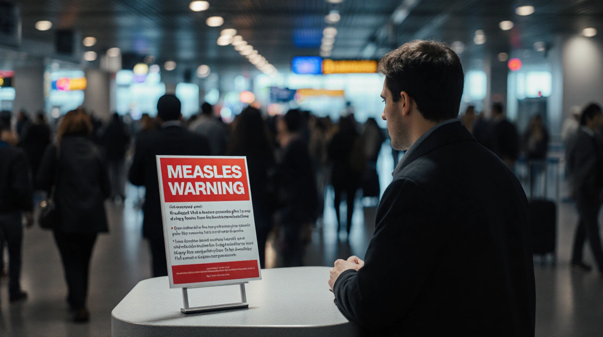 Worried traveler stands at airport information desk with red measles warning sign and blurred crowd behind