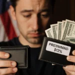 Person holding stack of unpaid medical bills with wallet showing 114% premium increase near blurred American flag