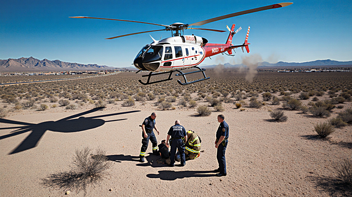 Medical helicopter hovering over Arizona desert with emergency responders treating a wounded individual on ground