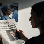 Woman holding newspaper with fatality headline about medical malpractice lawsuit and background of cosmetic surgery clinic