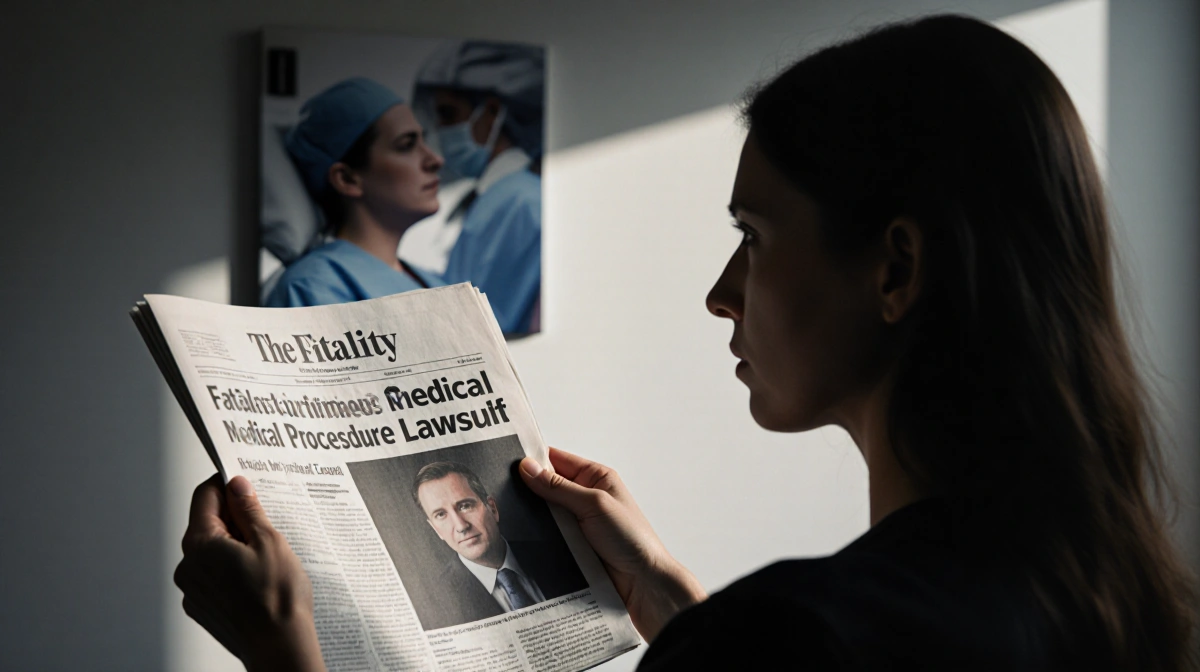 Woman holding newspaper with fatality headline about medical malpractice lawsuit and background of cosmetic surgery clinic