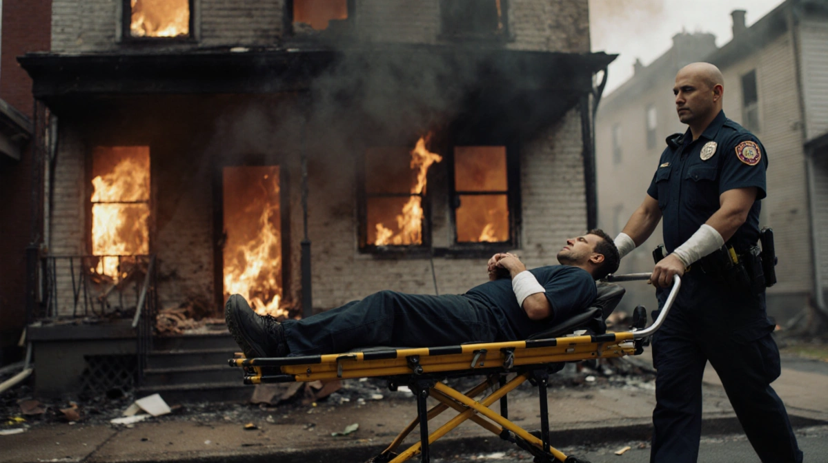 Medical personnel pulling stretcher with bandaged arm away from charred home with flames still visible.