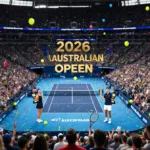 Madison Keys and Jannik Sinner celebrate with Australian Open trophies at Melbourne Park with cheering fans and confetti
