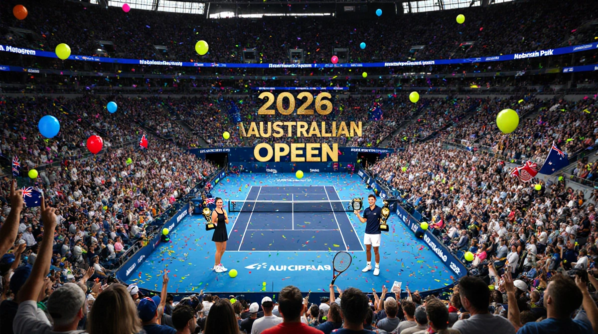 Madison Keys and Jannik Sinner celebrate with Australian Open trophies at Melbourne Park with cheering fans and confetti