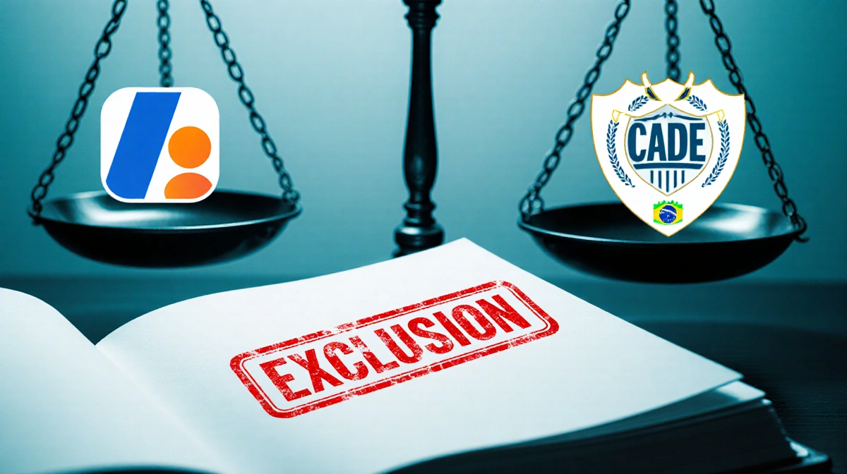 Open book stamped EXCLUSION on desk with crossed scales showing Meta AI logo facing Brazil's CADE emblem