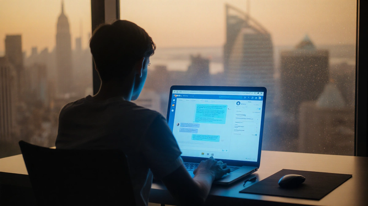Person typing on laptop with blue glow from Meta AI chat and blurred cityscape outside