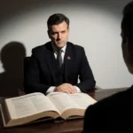 Meta representative sits at table with open book showing banned user policy and empty chair across from them