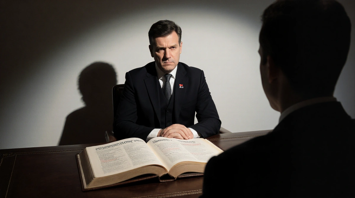 Meta representative sits at table with open book showing banned user policy and empty chair across from them