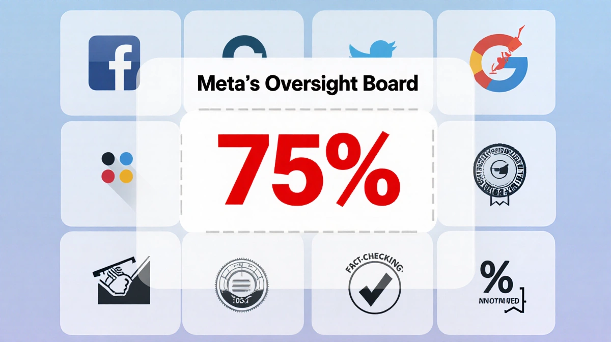 Meta Oversight Board infographic shows 75% in bold red with social media icons and fact-checking badges on gradient grid