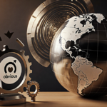Metal globe spinning with arrow vortex on a desk with Obvious Ventures logo and three gears showing innovation and investment