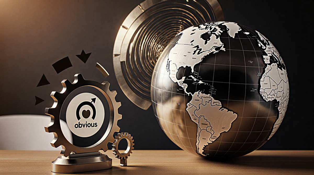 Metal globe spinning with arrow vortex on a desk with Obvious Ventures logo and three gears showing innovation and investment