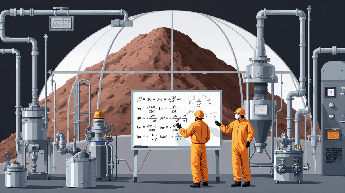 Technicians in hazmat suits examine copper samples with equations on whiteboard and ore heap visible through dome