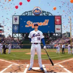 Bo Bichette celebrates at home plate with Mets teammates and confetti filling the air
