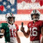 Two flag football players stand together with Mexican player holding Super Bowl trophy and American player with microphone be