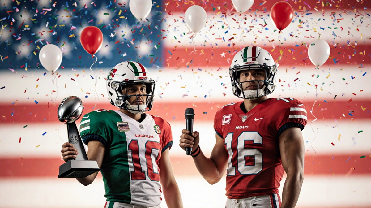 Two flag football players stand together with Mexican player holding Super Bowl trophy and American player with microphone be