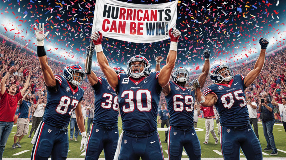 Miami Hurricanes players celebrate on field with confetti and fans after third straight ranked win