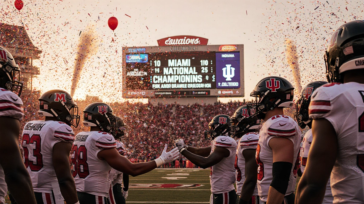 Football teams face off on championship field with Miami and Indiana uniforms showing and scoreboard displaying national titl