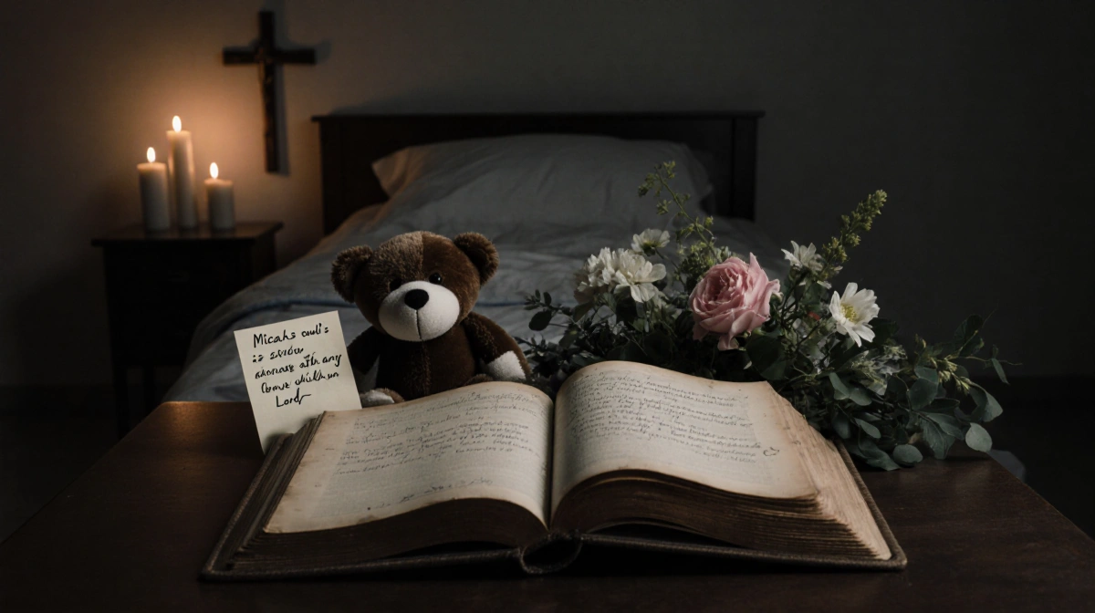 Worn prayer book lying open on bedside table with candle glow and a cross on the wall toy beside bed surrounded by flowers