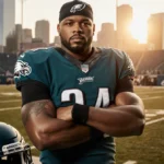 Michael Clay stands on Lincoln Financial Field with Eagles gear and Philadelphia skyline behind him