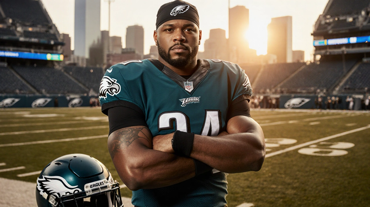 Michael Clay stands on Lincoln Financial Field with Eagles gear and Philadelphia skyline behind him