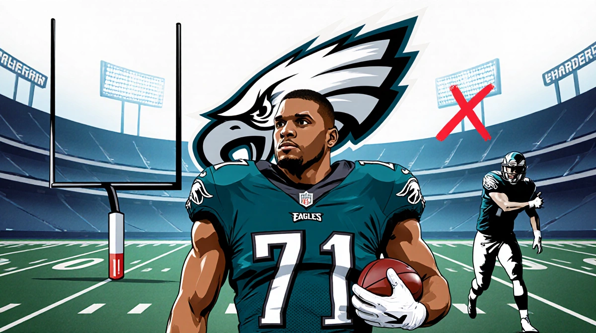 Michael Clay stands on Eagles field with football and Philadelphia logo while red X marks goalpost showing disaster preventio