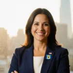 Michele Tafoya smiling confidently with Minnesota Senate backdrop and state flag pin on her lapel