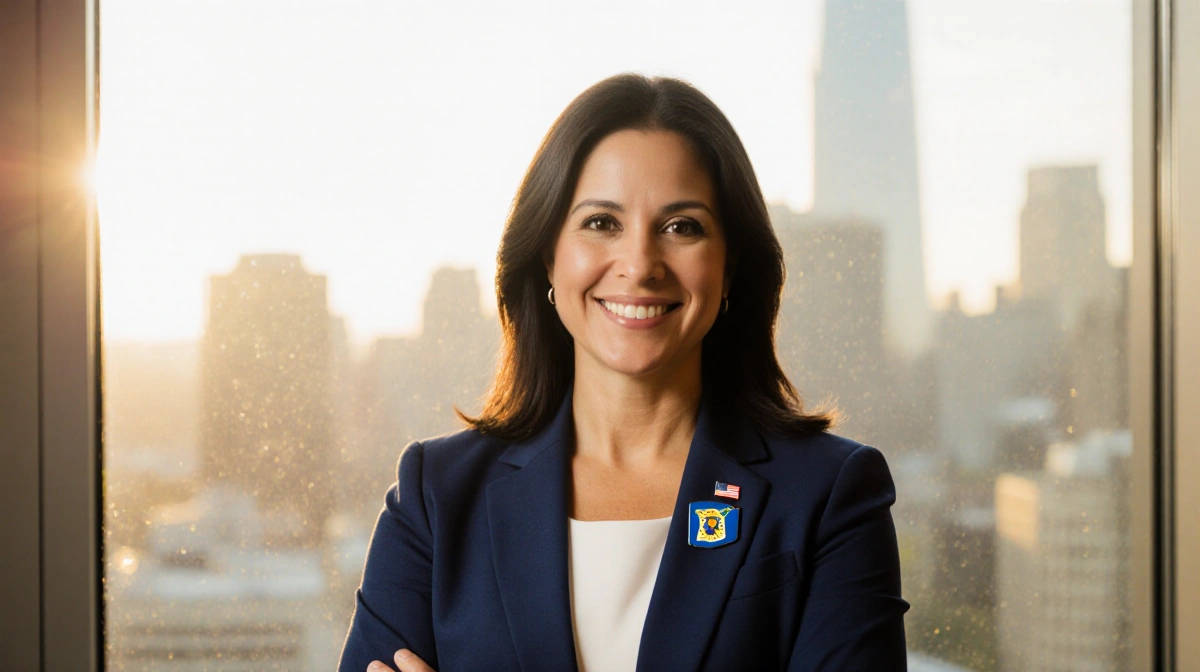 Michele Tafoya smiling confidently with Minnesota Senate backdrop and state flag pin on her lapel