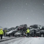 Emergency responders helping drivers with overturned cars scattered across snowy Michigan highway
