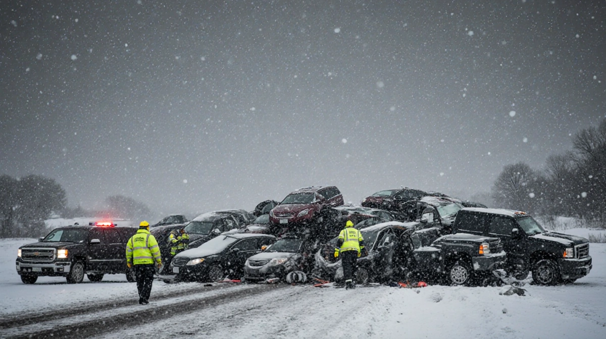 Emergency responders helping drivers with overturned cars scattered across snowy Michigan highway