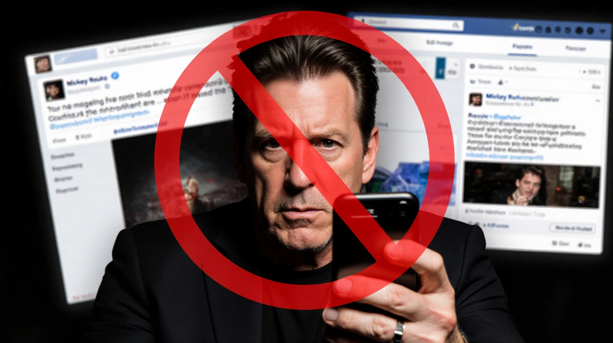 Mickey Rourke holds phone with red X showing denial with blurred social media posts behind