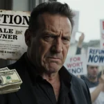 Mickey Rourke standing with eviction notice and money showing frustration and regret