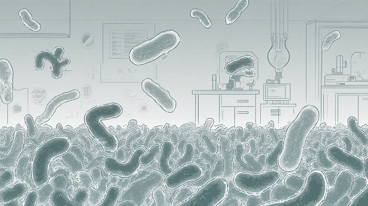 Diverse microbes swimming in laboratory setting with dominant strains showing faint outlines and scientific equipment in back