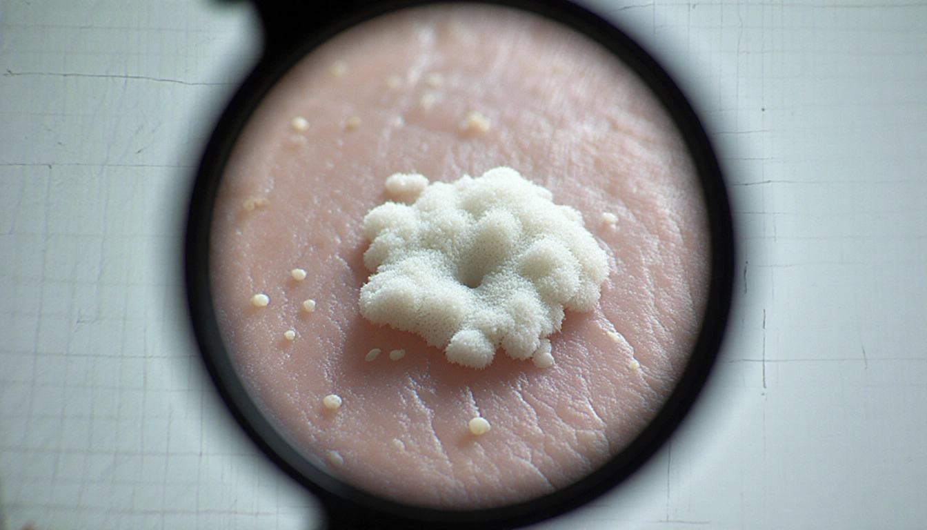 White fungal colony spreads with hyphae and spores on skin tissue on microscope slide