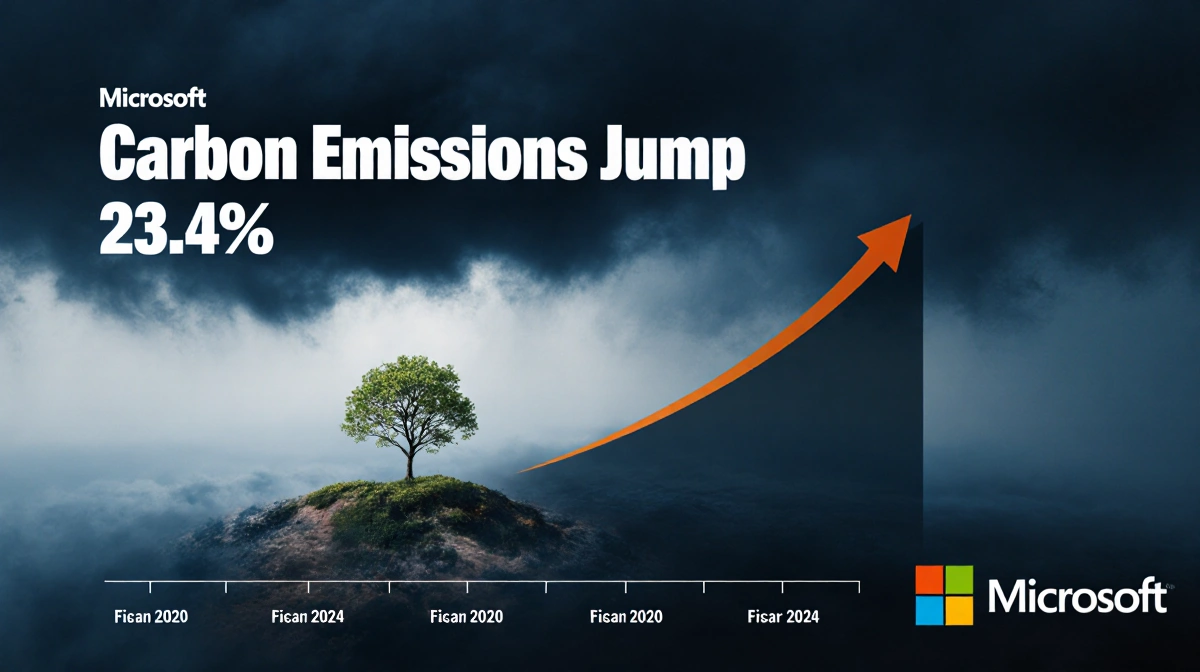 Rising graph shows 23.4% increase in Microsoft carbon emissions with dark cloud overhead and tree growing in background