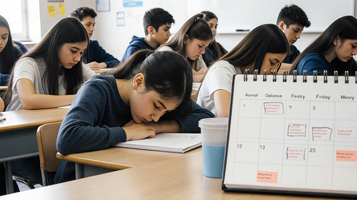 Student slumped over notebook in middle school with classmates and calendar showing absences for mental health